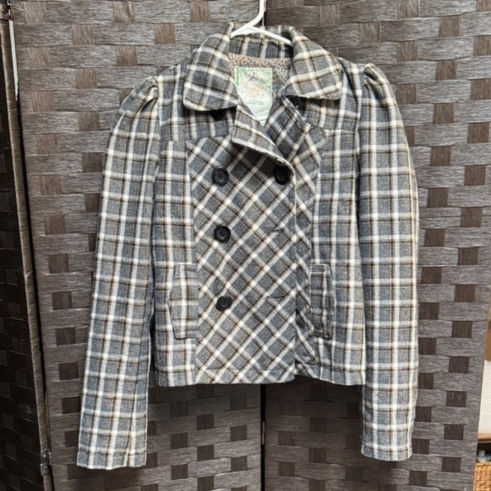 Flying Tomato Black and Gray Plaid Pea Coat